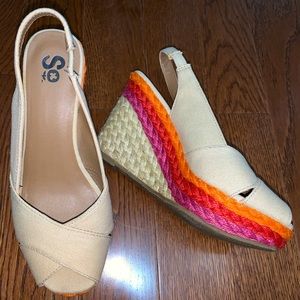 SO brand canvas tan wedges with multi-color heel